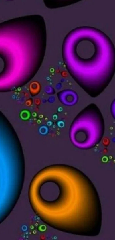 Vibrant abstract wallpaper with colorful orbs on purple background.