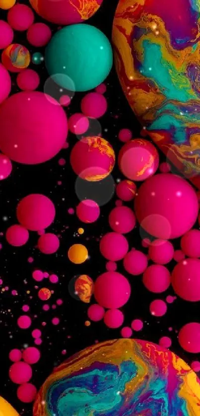 Colorful abstract planets on black background.