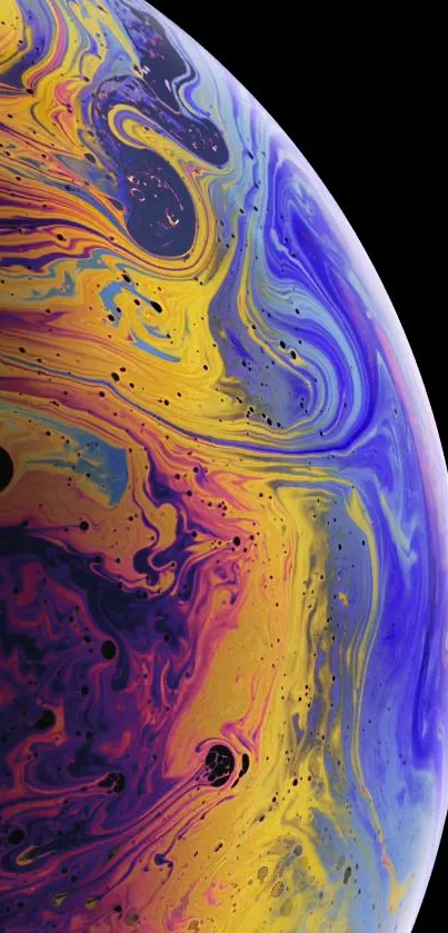 Abstract colorful planet wallpaper with blue, yellow, and purple swirls.