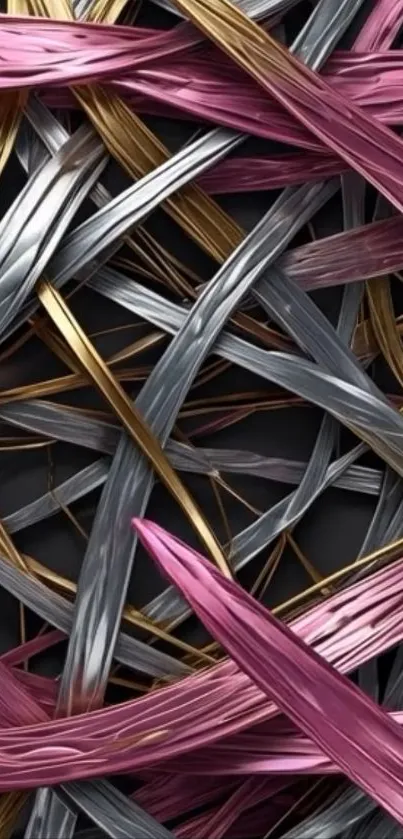Interwoven pink, silver, and gold ribbons on a dark background.