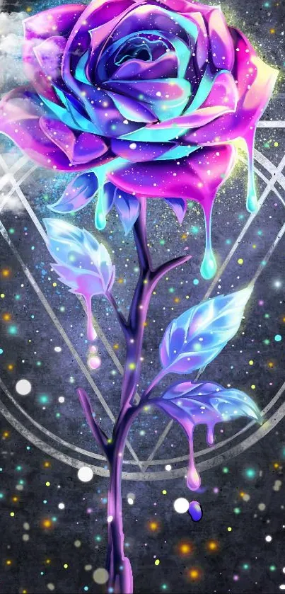 Vibrant abstract rose with a cosmic theme on a dark background.