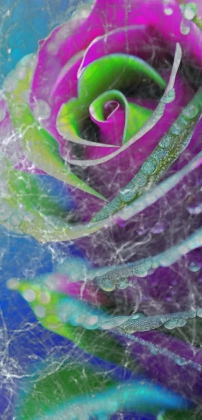 Colorful abstract rose with water droplets in a unique artistic style.