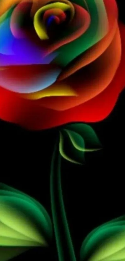 Colorful abstract rose on dark background, vibrant flower art.