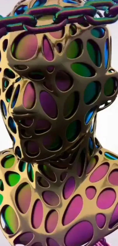 Colorful abstract sculpture with cut-out patterns and gradient hues.