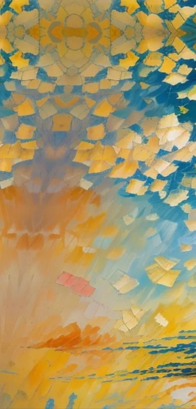 Abstract sky with colorful geometric patterns in blue and yellow hues.