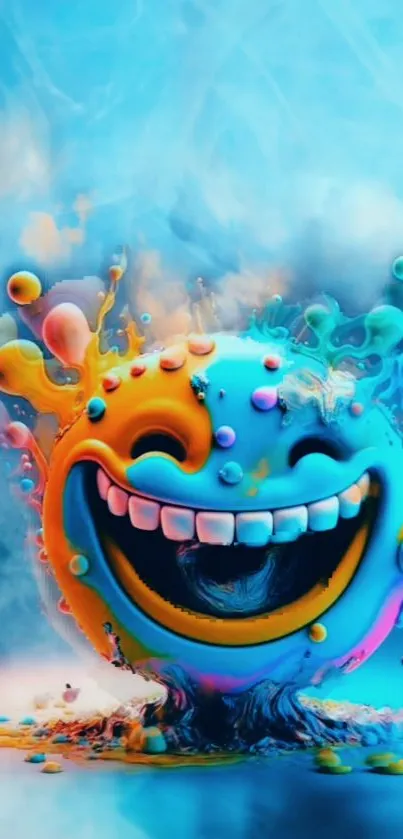 Vibrant abstract smiley face with colorful bursts in sky blue background.