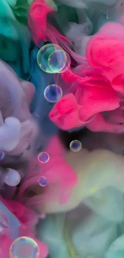 Colorful abstract smoke wallpaper with bubbles in pink, blue, and green tones.