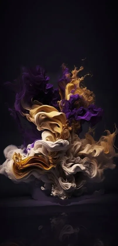 Abstract smoke wallpaper in purple, gold, and white hues.