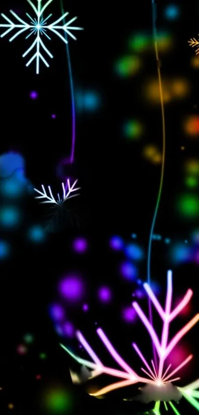 Colorful neon snowflakes on black background wallpaper.