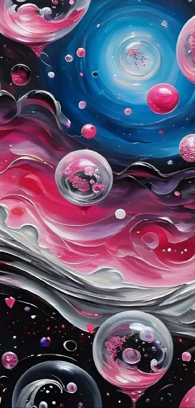 Vibrant abstract space wallpaper with swirls and bubbles.