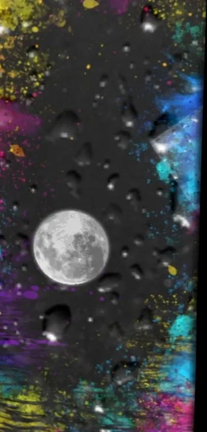 Vibrant abstract wallpaper with a moon and color splashes on black background.