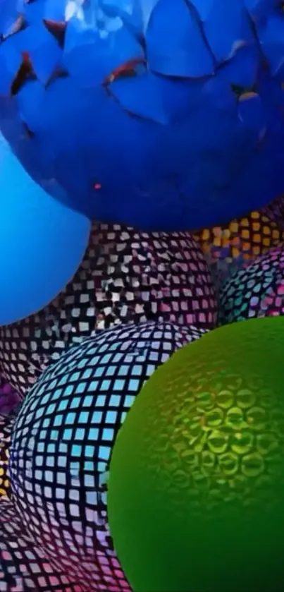 Colorful abstract 3D spheres with intricate textures on a phone wallpaper.
