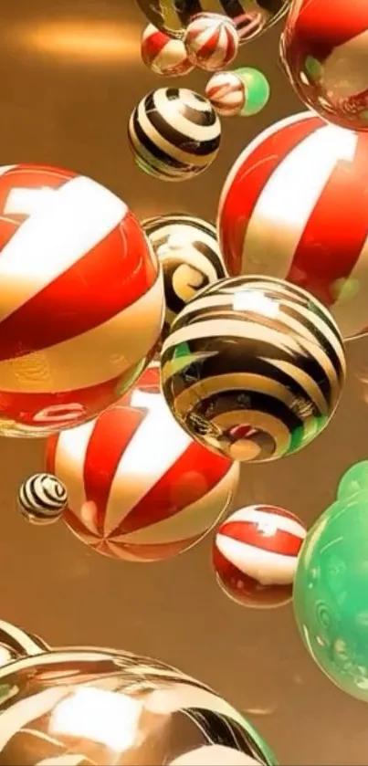 Colorful abstract spheres on a golden backdrop.