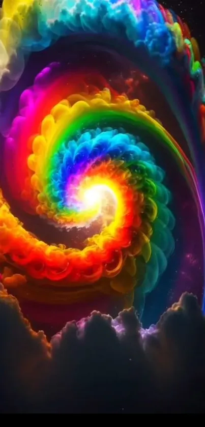 Vibrant abstract spiral with rainbow colors and cosmic background.