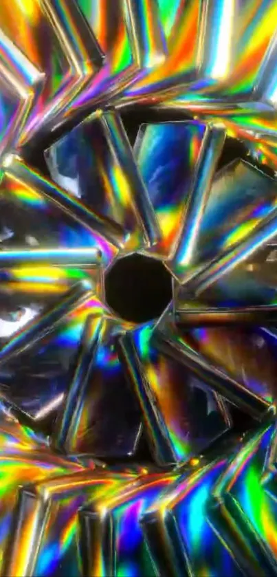 Vibrant abstract spiral mobile wallpaper with holographic colors and modern design.