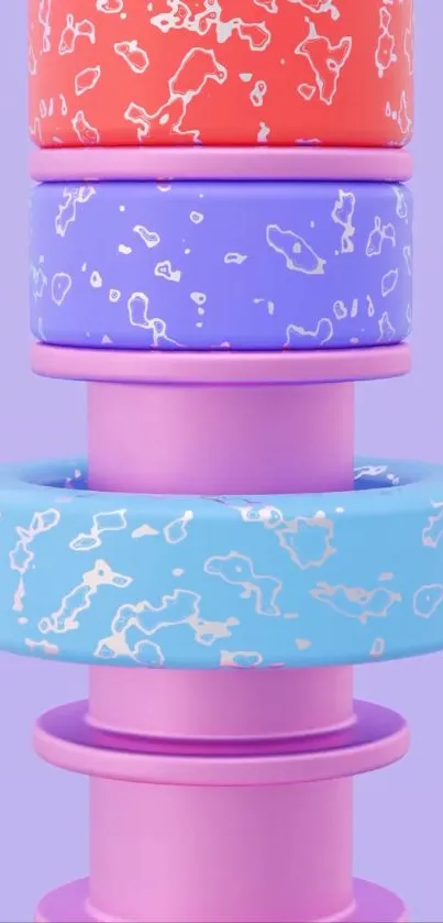 Colorful stacked abstract rings on light purple background.