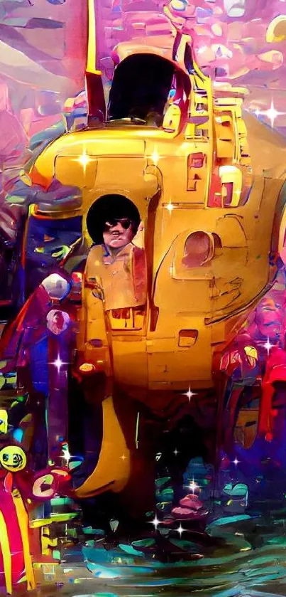 Vibrant yellow submarine art with a colorful underwater background.