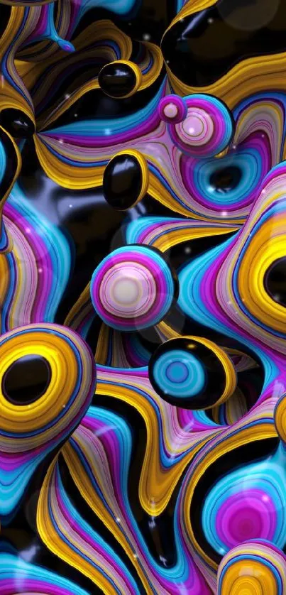 Vibrant abstract wallpaper with swirling patterns in yellow, pink, blue, and black.