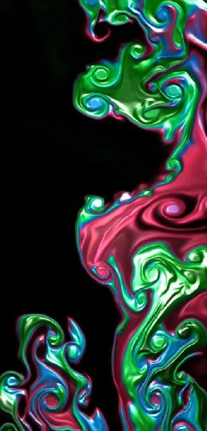 Vibrant abstract swirl with neon colors on a black background.