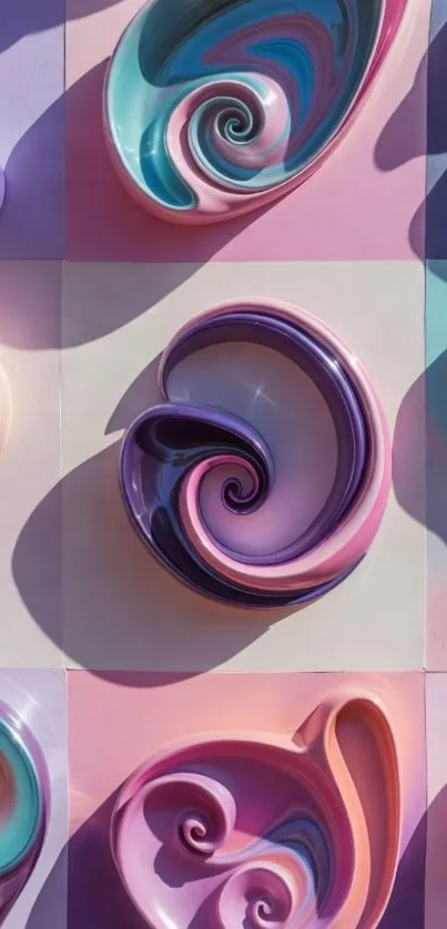 Vibrant, colorful abstract swirl art on wallpaper background.