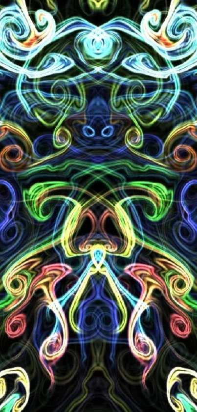 Colorful abstract swirl pattern with neon lines on black background.