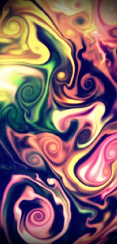 Colorful abstract swirl pattern with pink, green, and orange hues.