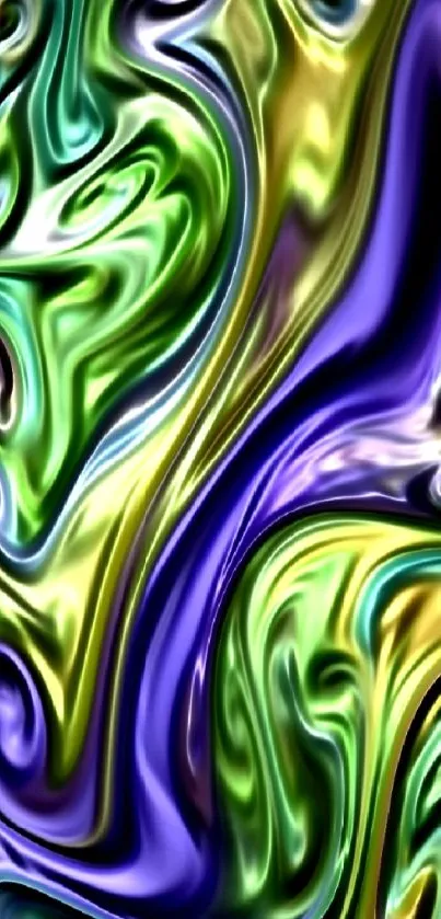 Colorful abstract swirl wallpaper with green, purple, and gold hues.