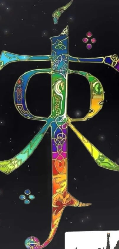 Colorful abstract sword design on black background.