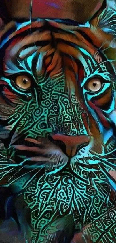 Artistic tiger with vibrant patterns and colors.
