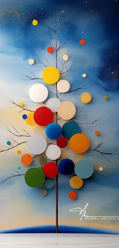 Colorful abstract tree with circular elements on a blue background.