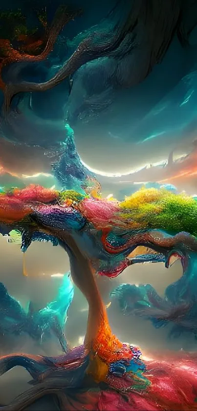 Colorful abstract tree in a fantasy landscape.