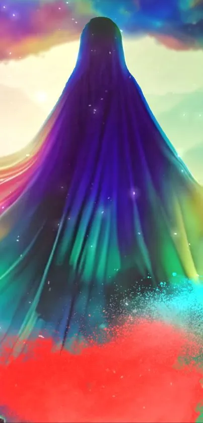 Mystical figure in colorful flowing veil with vibrant hues.