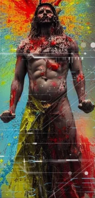 Abstract warrior with colorful paint splash background.