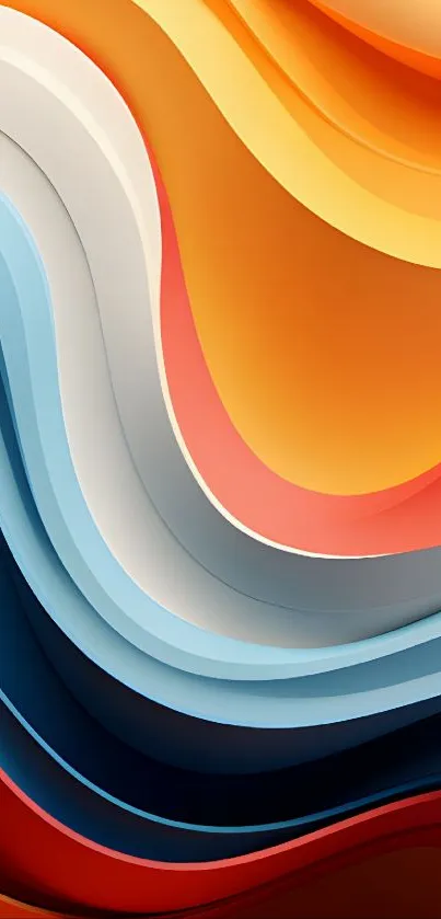 Colorful abstract wave wallpaper in vibrant orange, blue, and red hues.