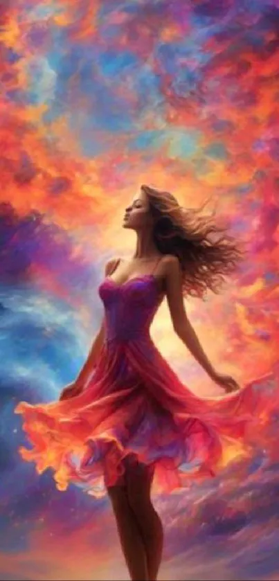 Colorful abstract wallpaper of a woman in a flowing dress amidst swirls.