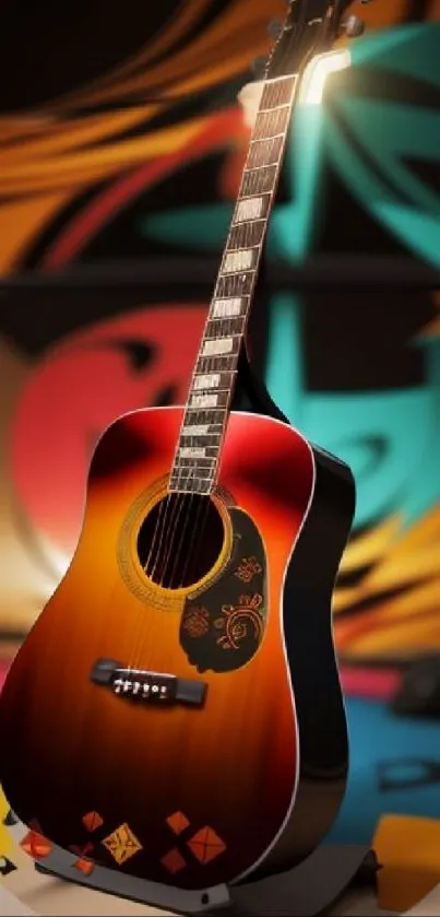 Colorful acoustic guitar with abstract background.