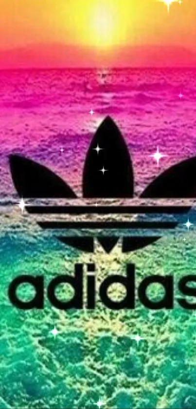 Vibrant Adidas logo over pink, yellow, and blue sunset ocean.