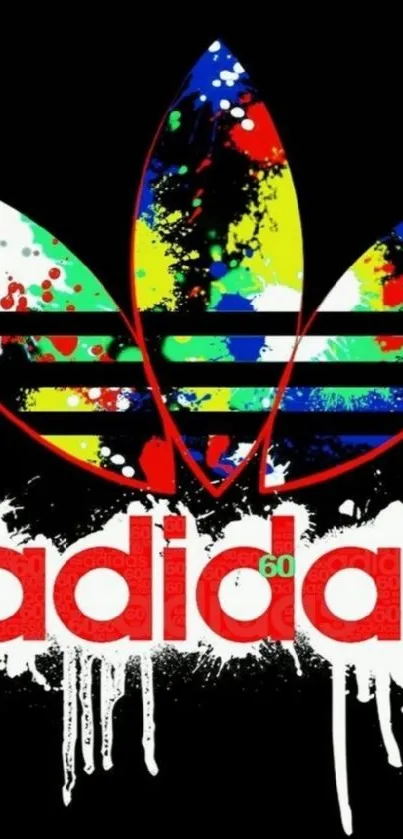 Colorful Adidas logo with paint splatters on black background.