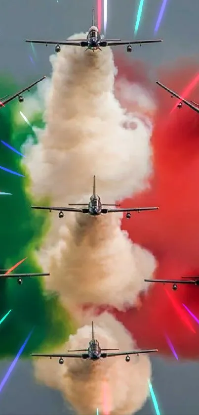 Aerobatic planes performing with colorful smoke trails in the sky.