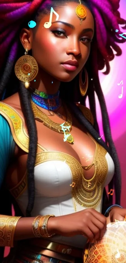 Afrocentric woman with colors and jewelry in a vibrant digital artwork.