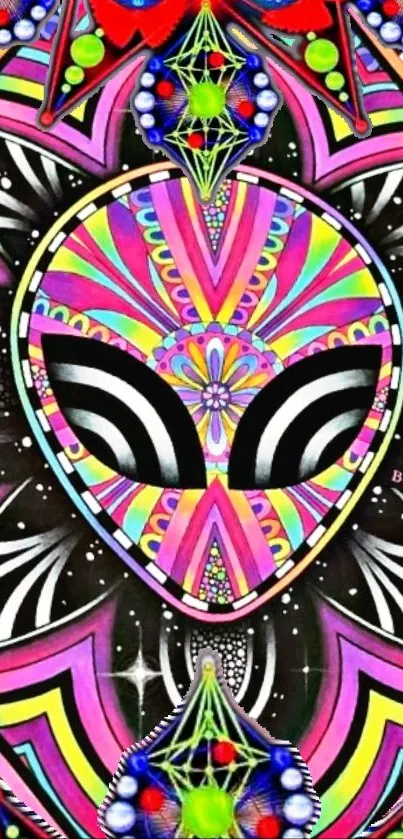 Colorful abstract wallpaper featuring an alien face with geometric patterns.