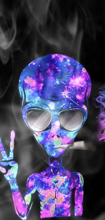 Colorful cosmic alien with sunglasses in vibrant design.