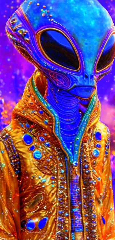 Vibrant alien in colorful cosmic setting.