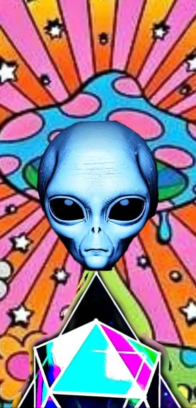 Blue alien with colorful abstract background on mobile wallpaper.