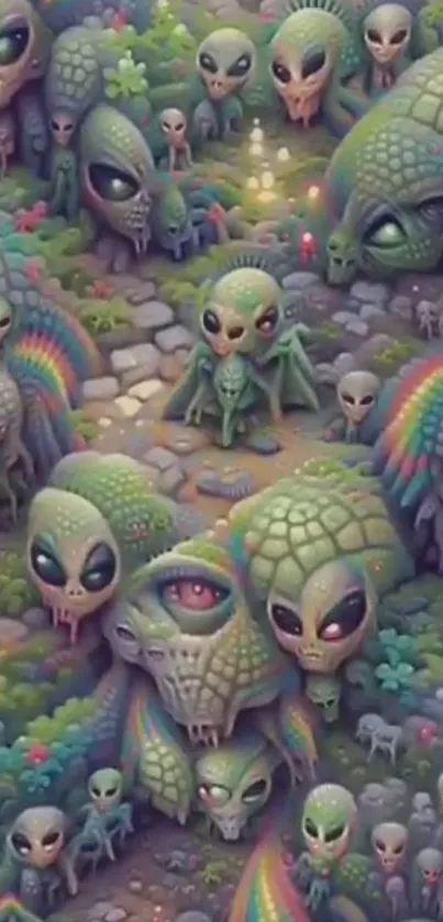 Colorful alien art wallpaper with vibrant creatures in a fantasy setting.