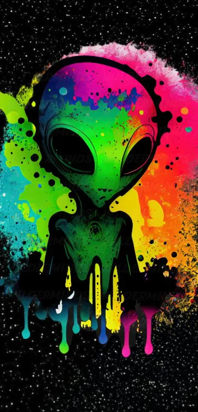 Vibrant alien with colorful splashes on a dark starry background.