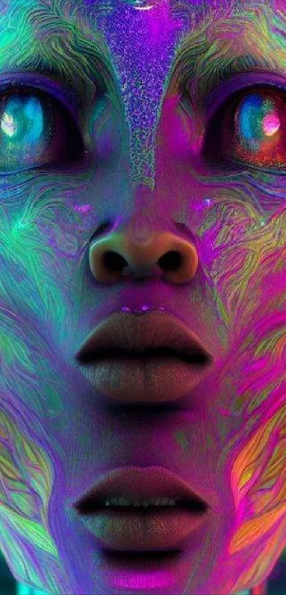 Vivid neon alien face in psychedelic colors, perfect for sci-fi wallpaper.