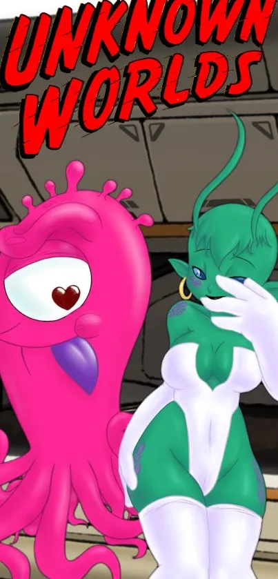 Colorful alien cartoon with spaceship backdrop.
