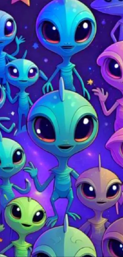 Cartoon aliens in blue and purple colors with stars on mobile wallpaper.