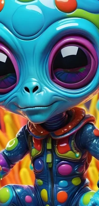 Colorful cartoon alien creature with vibrant features and large eyes.